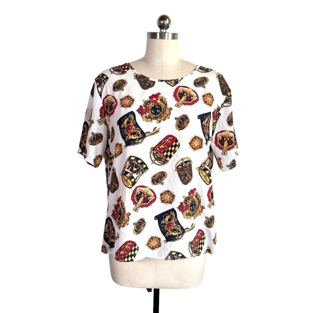 vintage 90s baroque print silky top M/L blouse shirt retro glam classic luxury